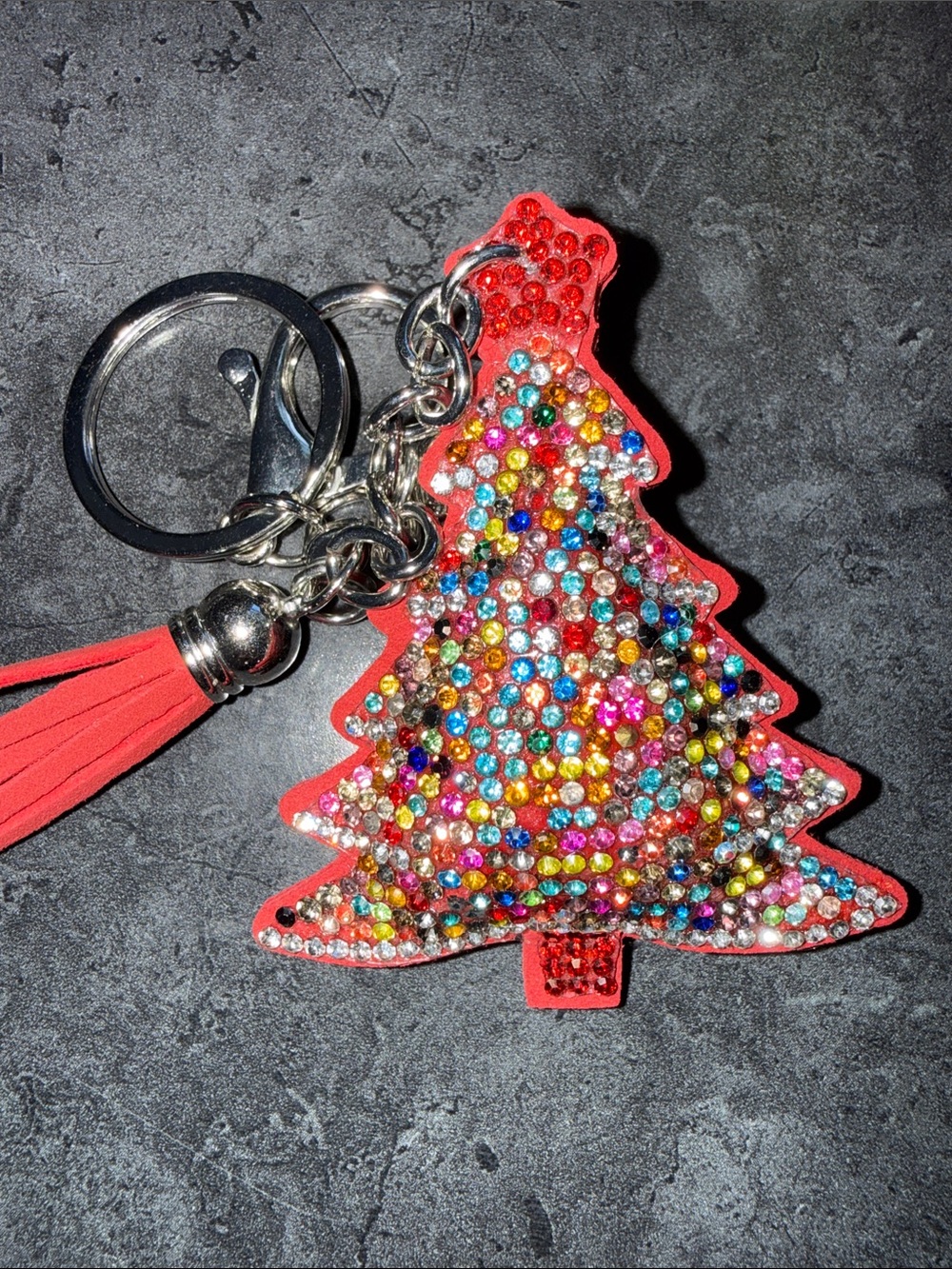 Red Rhinestone Christmas Tree Keyring with Tassel